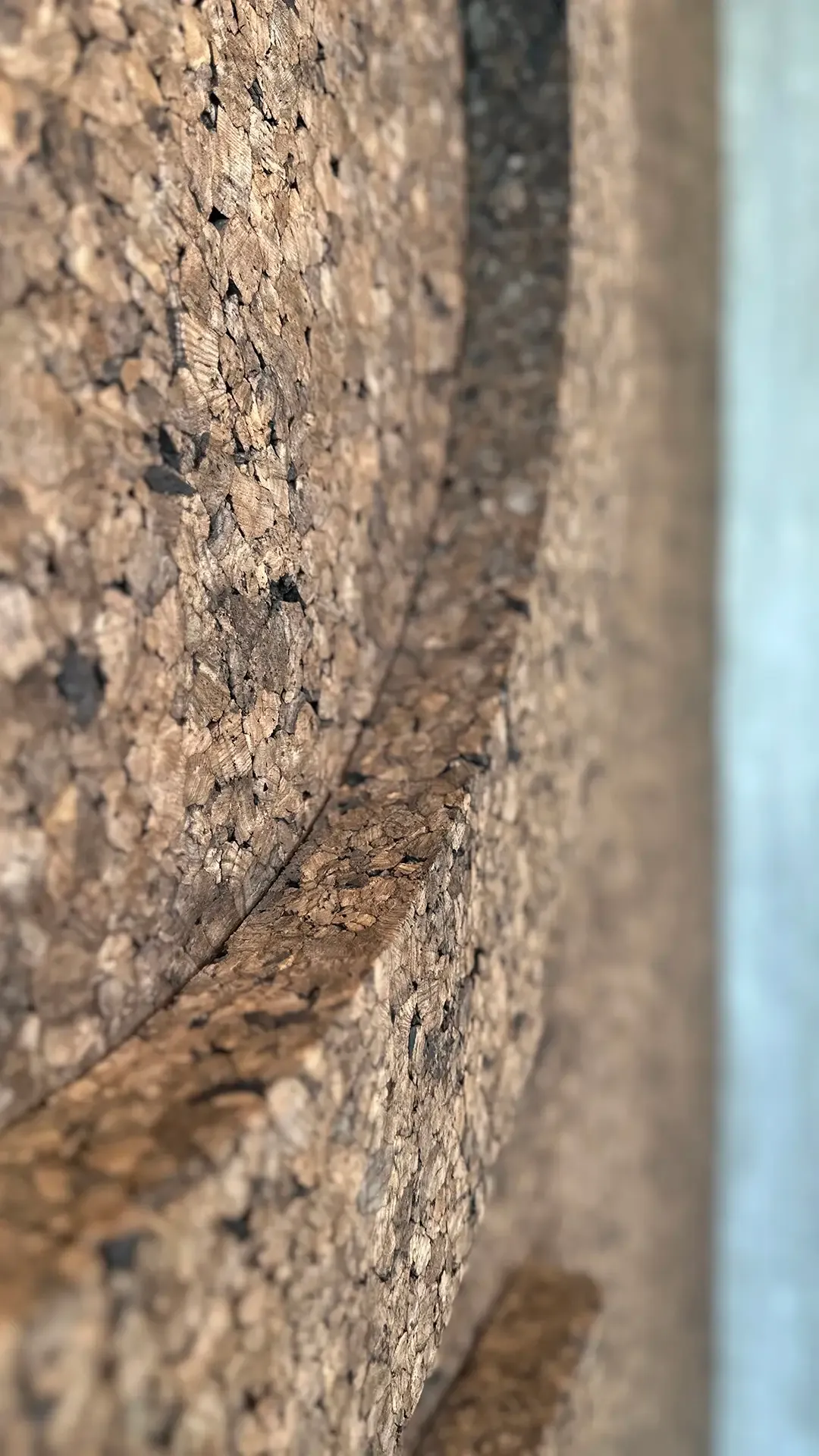 Close-up of cork wall detail in restaurant entrance, highlighting textured materials and warm, sustainable design.