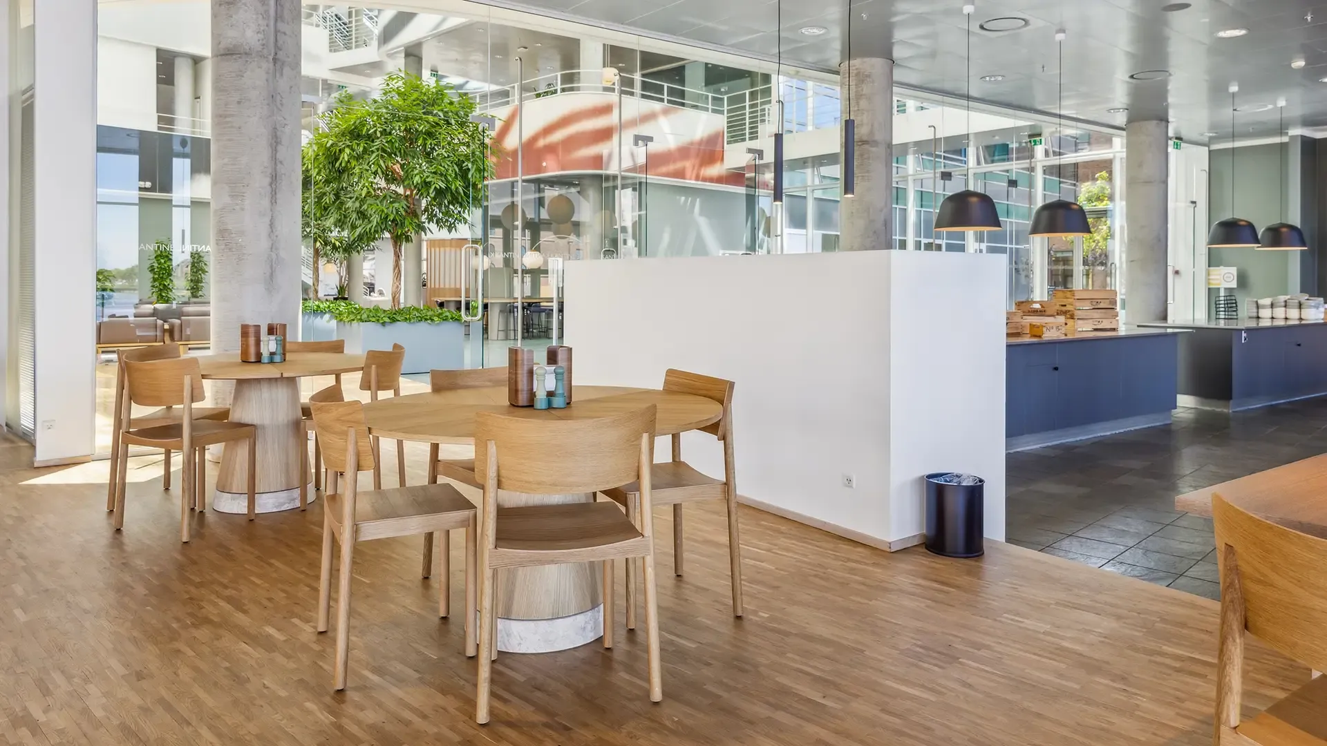 Office dining area with round wooden tables, designed for modern workplace catering and communal eating spaces.