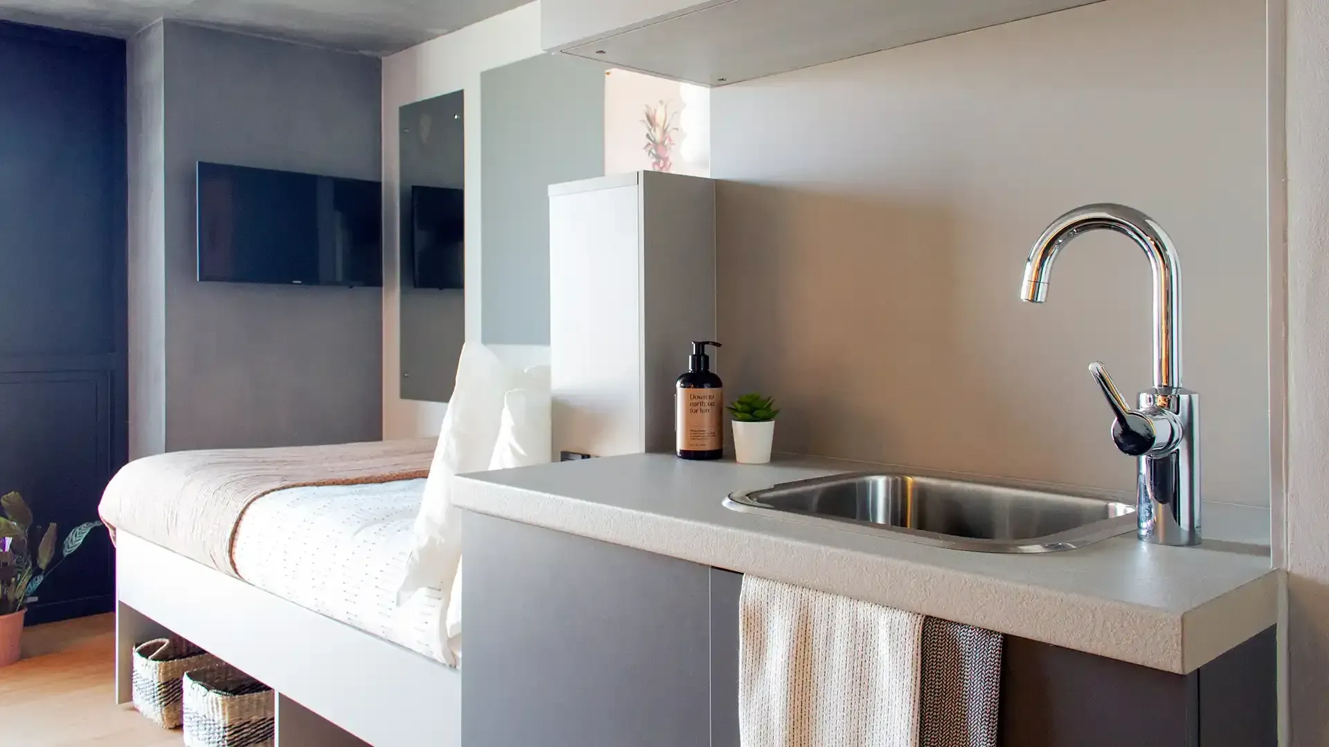 Minimalist student living kitchen interior bespoke furniture industrial look